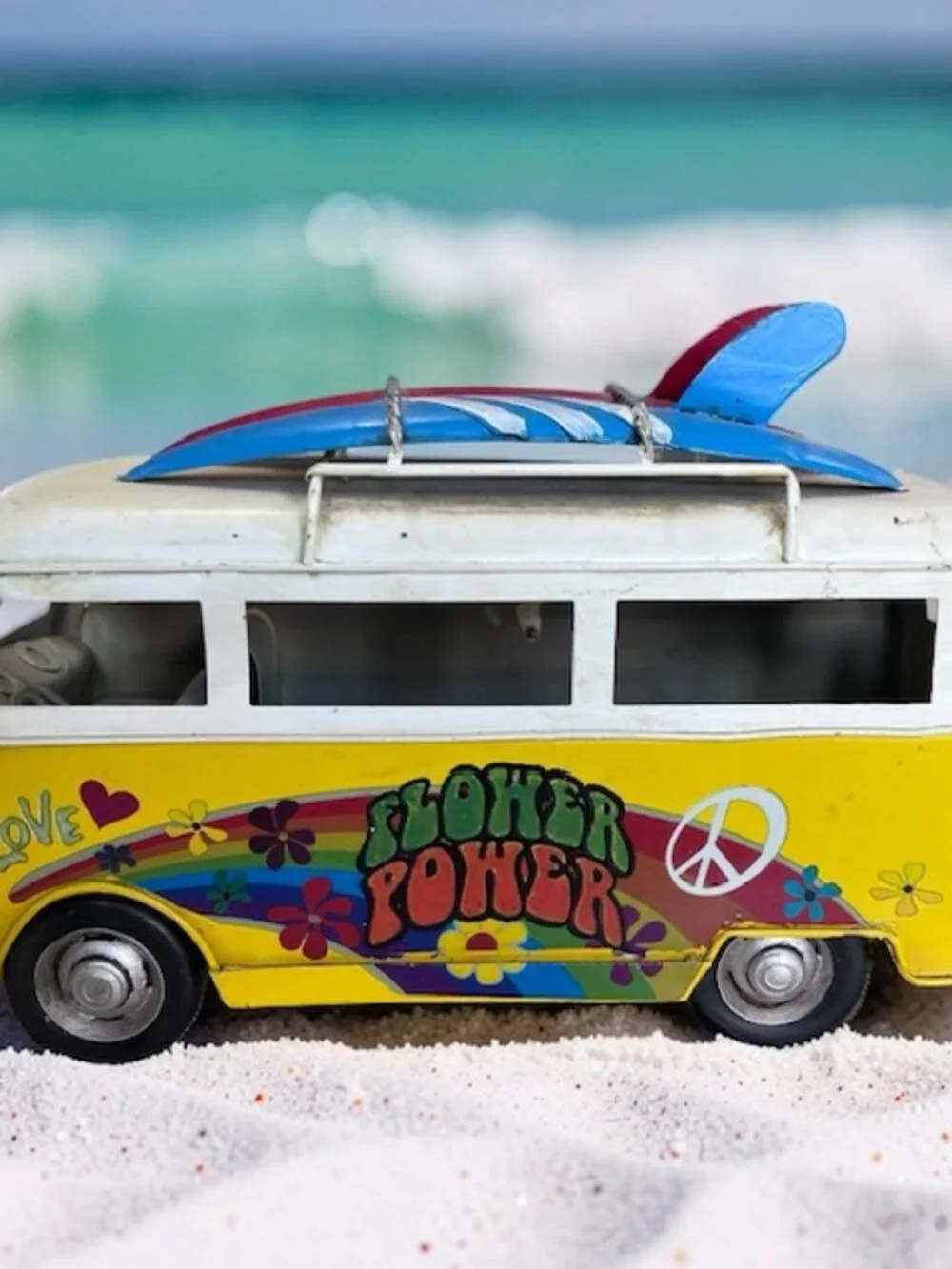 Yellow Tin Vintage Flower Power Hippie Surfer Van Metal VW Camper Decor